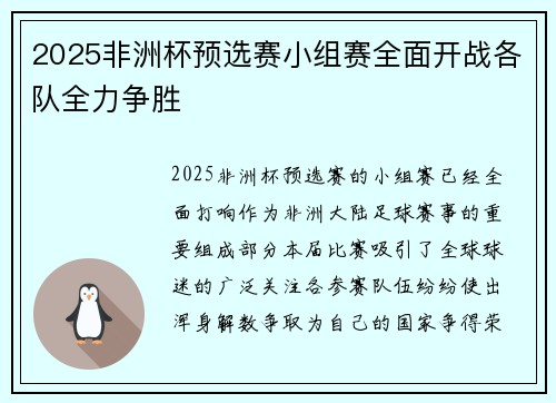 2025非洲杯预选赛小组赛全面开战各队全力争胜