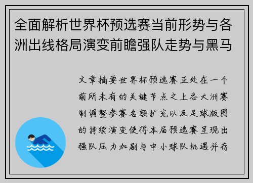 全面解析世界杯预选赛当前形势与各洲出线格局演变前瞻强队走势与黑马机会